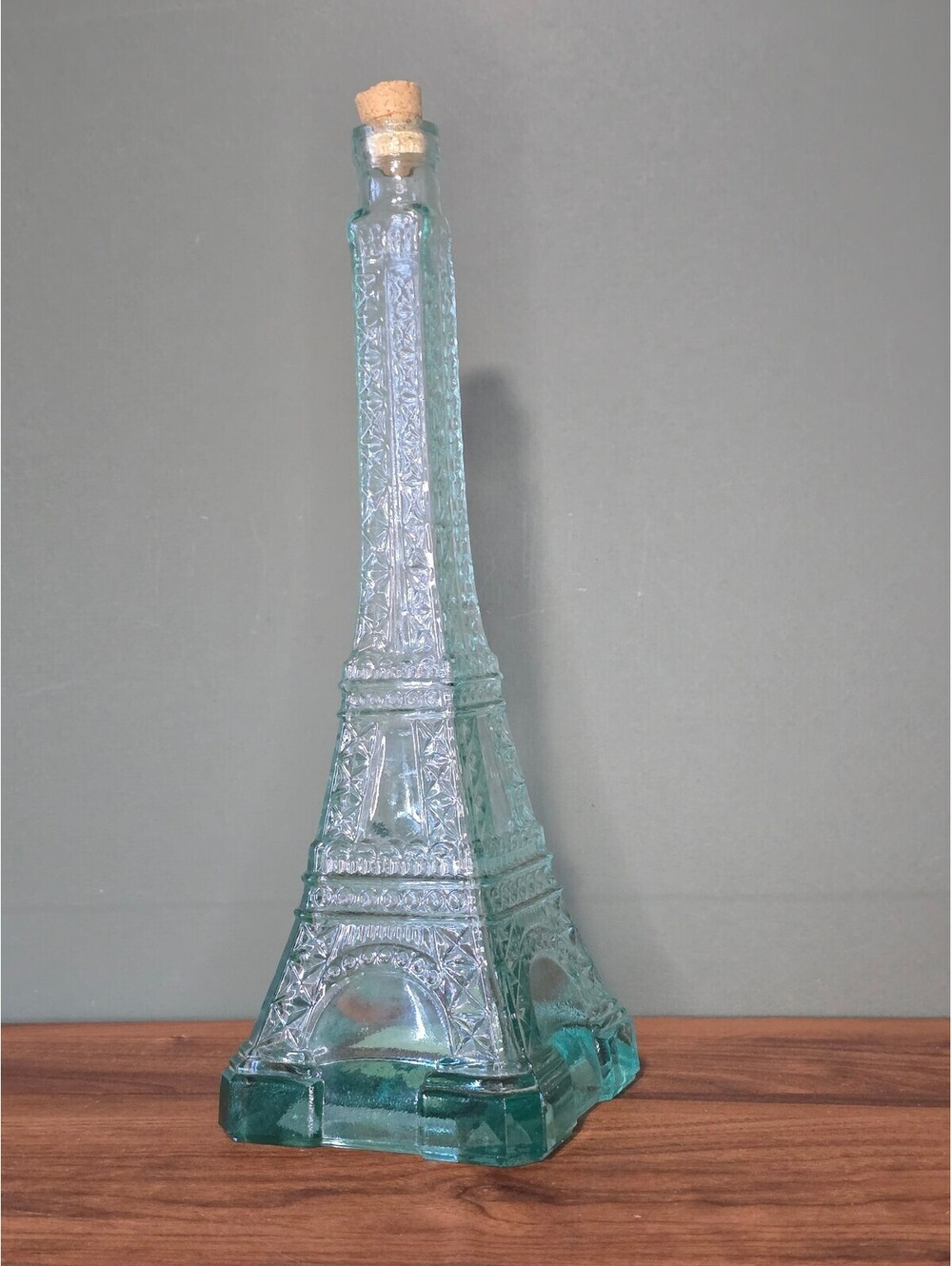 Vintage World Market Eiffel Tower Aqua Blue Glass Bottle Decanter